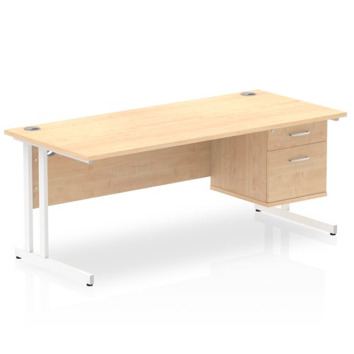 Dynamic Impulse W1800 x D800 x H730mm Straight Office Desk Cantilever Leg With 1 x 2 Drawer Fixed Pedestal Maple Finish White Frame - MI002438