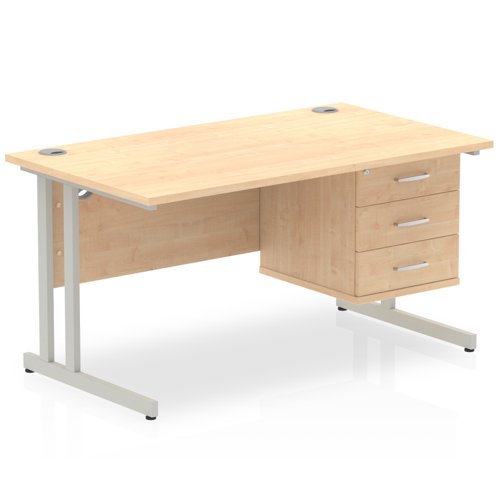 Dynamic Impulse W1400 x D800 x H730mm Straight Office Desk Cantilever Leg With 1 x 3 Drawer Single Fixed Pedestal Maple Finish Silver Frame - MI002440