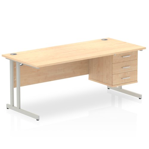 Dynamic Impulse W1800 x D800 x H730mm Straight Office Desk Cantilever Leg With 1 x 3 Drawer Single Fixed Pedestal Maple Finish Silver Frame - MI002442