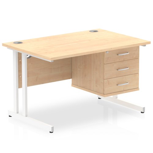 Dynamic Impulse W1200 x D800 x H730mm Straight Office Desk Cantilever Leg With 1 x 3 Drawer Single Fixed Pedestal Maple Finish White Frame - MI002443