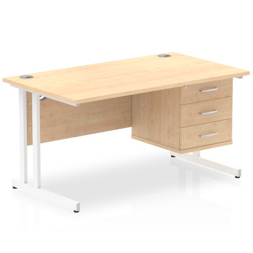 Dynamic Impulse W1400 x D800 x H730mm Straight Office Desk Cantilever Leg With 1 x 3 Drawer Single Fixed Pedestal Maple Finish White Frame - MI002444