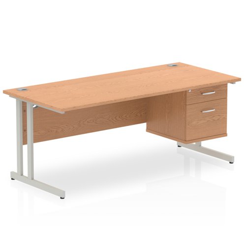 Dynamic Impulse W1800 x D800 x H730mm Straight Office Desk Cantilever Leg With 1 x 2 Drawer Fixed Pedestal Oak Finish Silver Frame - MI002660