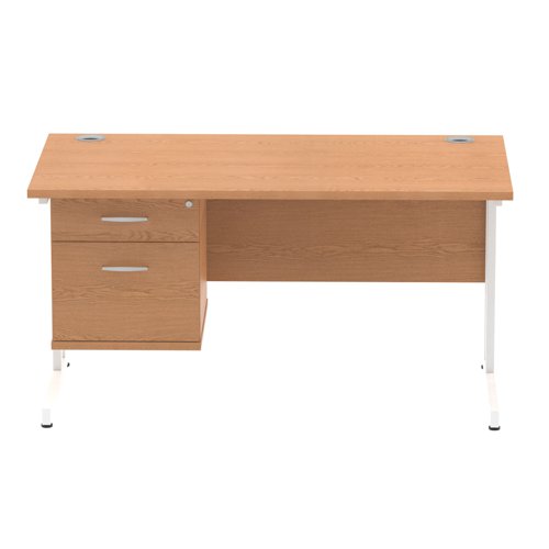 Dynamic Impulse W1400 x D800 x H730mm Straight Office Desk Cantilever Leg With 1 x 2 Drawer Single Fixed Pedestal Oak Finish White Frame - MI002662