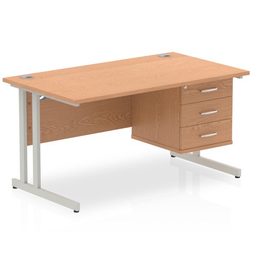 Dynamic Impulse W1400 x D800 x H730mm Straight Office Desk Cantilever Leg With 1 x 3 Drawer Single Fixed Pedestal Oak Finish Silver Frame - MI002666