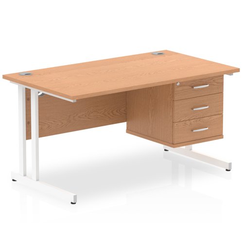 Dynamic Impulse W1400 x D800 x H730mm Straight Office Desk Cantilever Leg With 1 x 3 Drawer Single Fixed Pedestal Oak Finish White Frame - MI002670