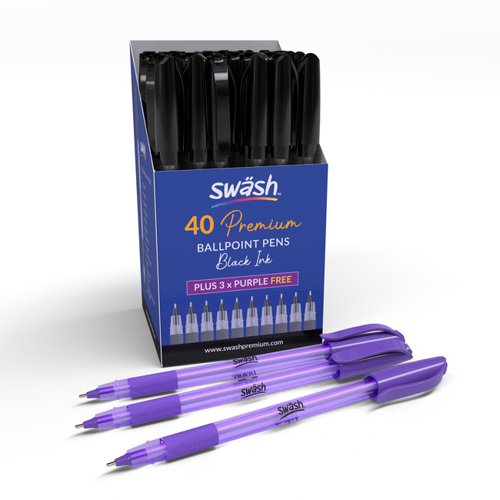 Swash Premium Triangular Medium Tip Ballpoint Pens Black Plus 3 FREE Purple Ballpoint Pens (Pack 40+3 FREE) - BBT40BK