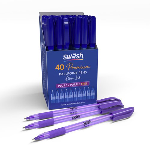 Swash Premium Triangular Medium Tip Ballpoint Pens Blue Plus 3 FREE Purple Ballpoint Pens (Pack 40+3 FREE) - BBT40BU