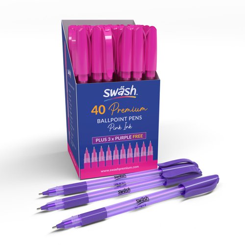 Swash Premium Triangular Medium Tip Ballpoint Pens Pink Plus 3 FREE Purple Ballpoint Pens (Pack 40+3 FREE) - BBT40PK