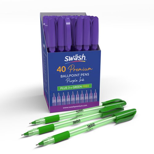 Swash Premium Triangular Medium Tip Ballpoint Pens Purple Plus 3 FREE Green Ballpoint Pens (Pack 40+3 FREE) - BBT40PUR