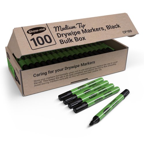 Show-me Drywipe Marker Medium Tip Slim Barrel Black (Pack 100) - CP100