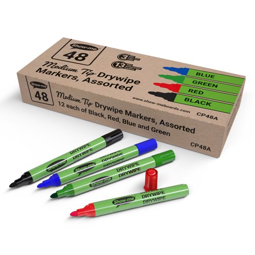 Show-me Drywipe Marker Medium Tip Slim Barrel Assorted Colours (Pack 48) - CP48A