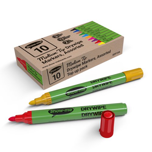 Show-me Drywipe Marker Medium Tip Slim Barrel Assorted Colours (Pack 10) - SDP10A