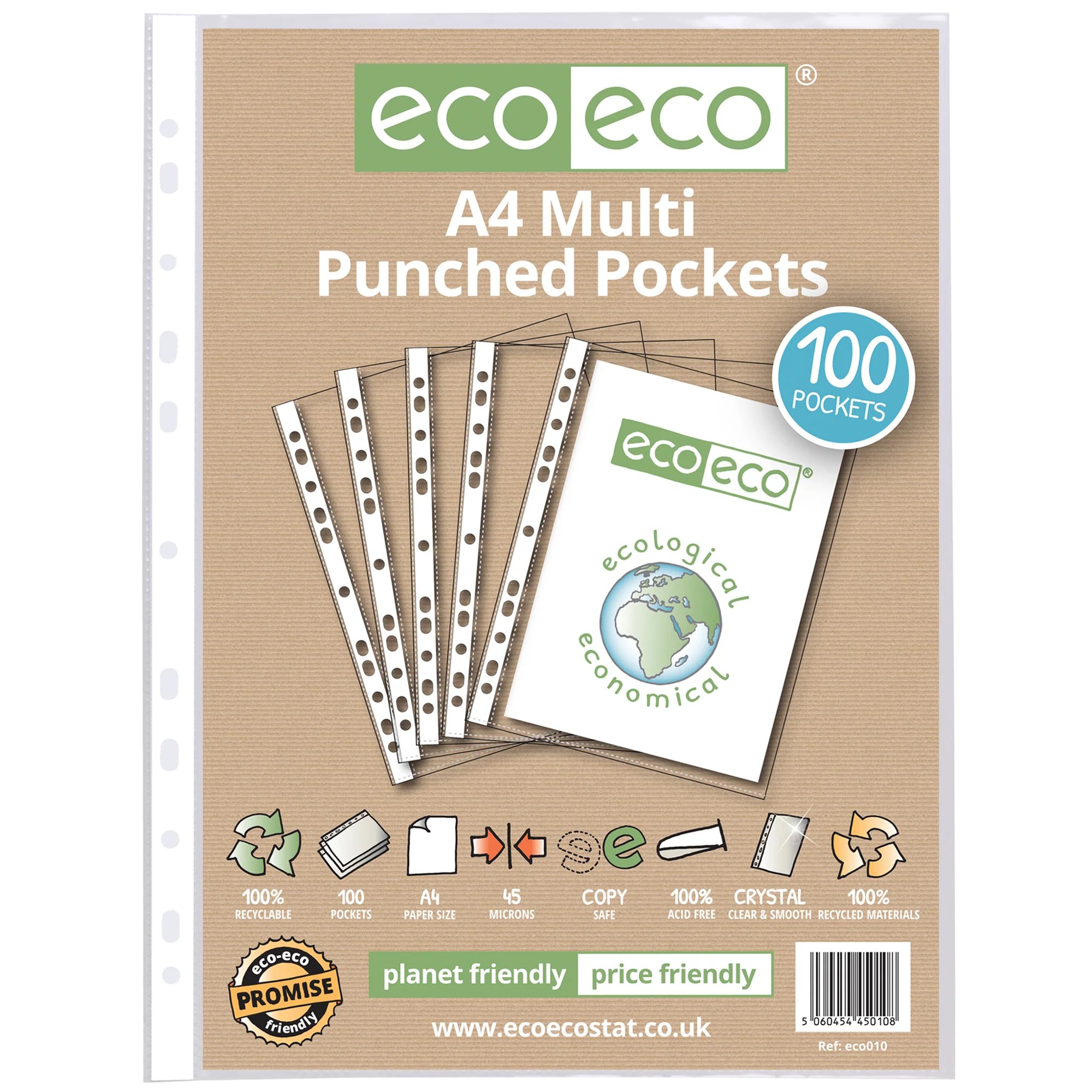 A4 100% Recycled Bag Multi Punched Pockets - Pack of 25