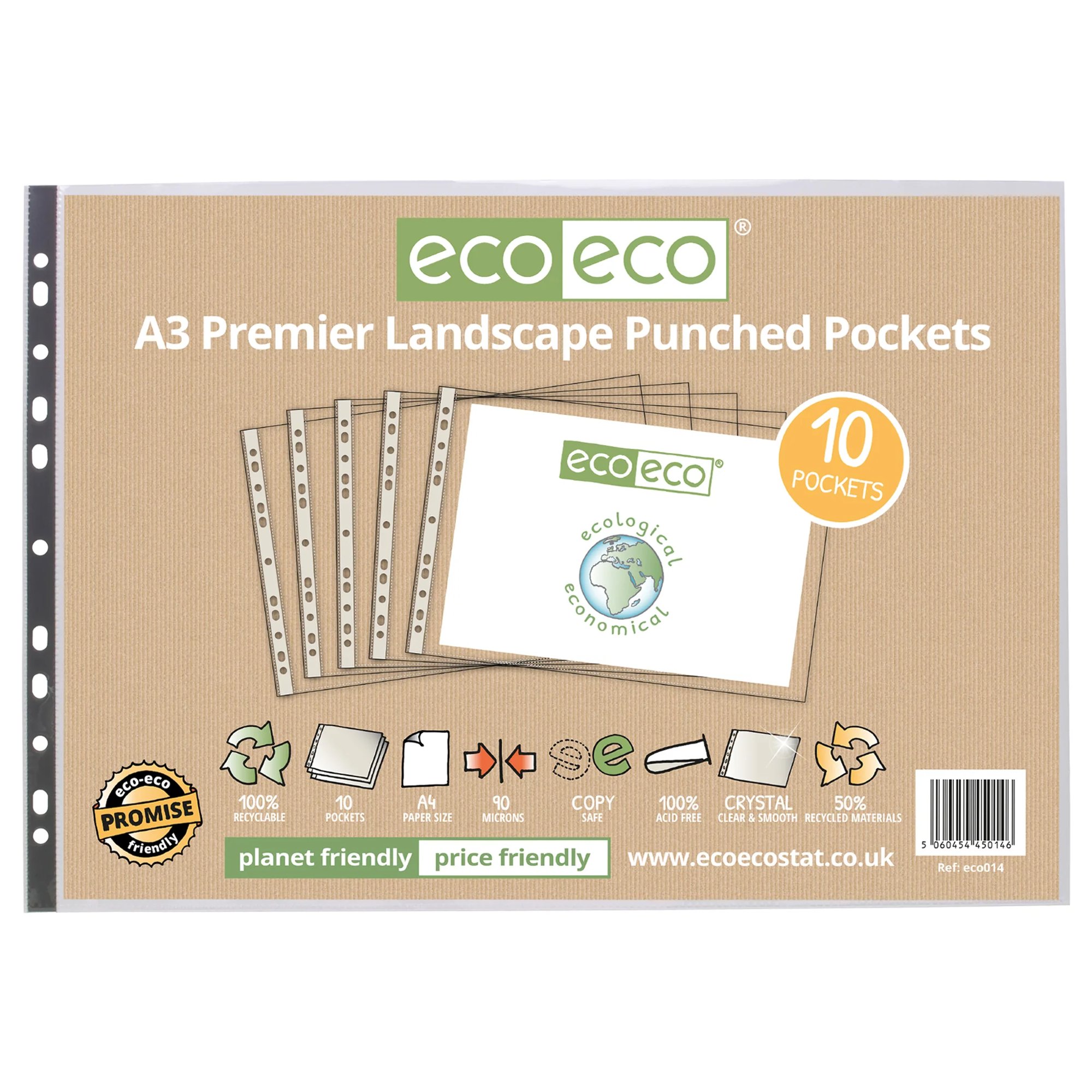 A3 100% Recycled Bag Multi Punched Pockets - Pack of 10