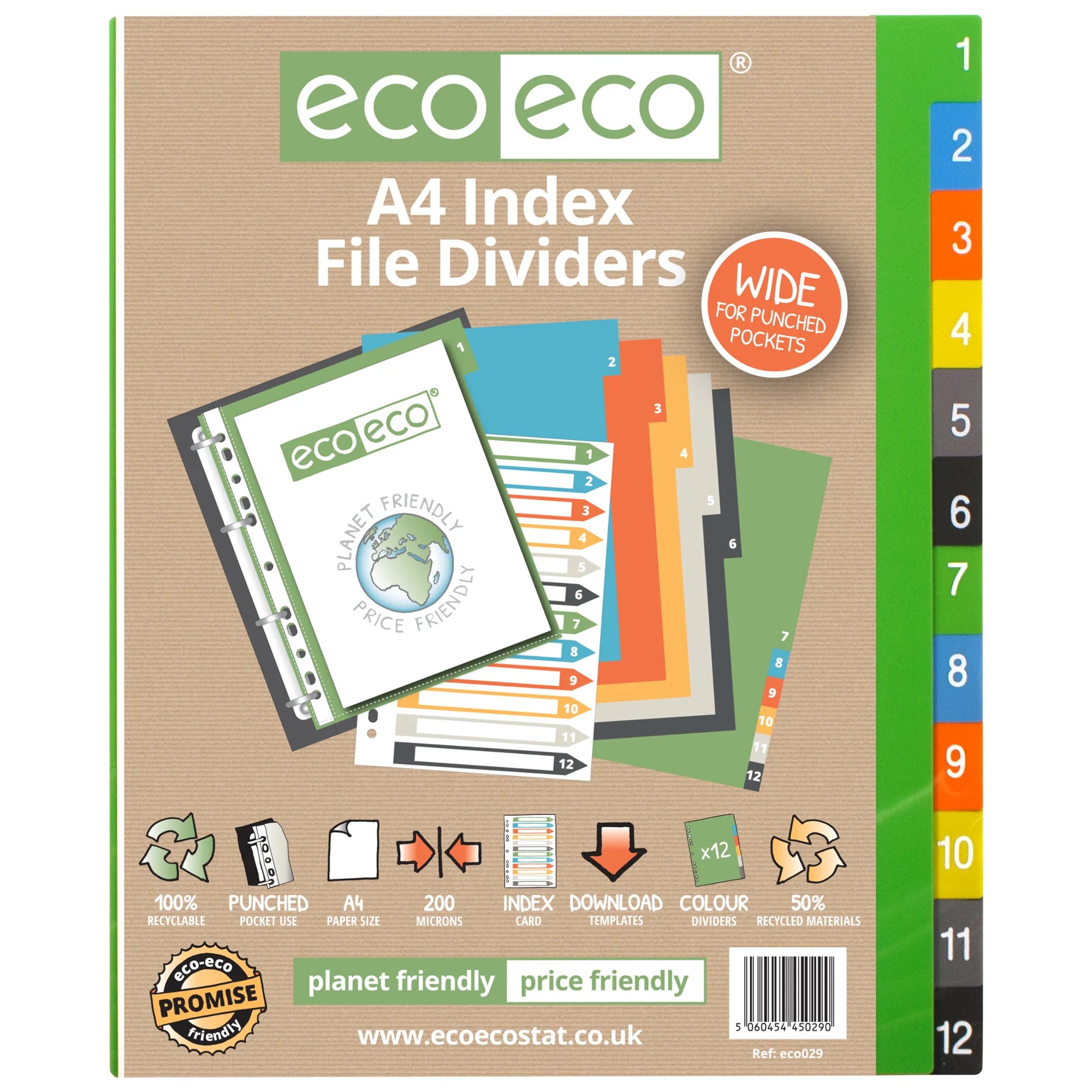 A4 50% Recycled Index File Dividers - 1 Set of 12