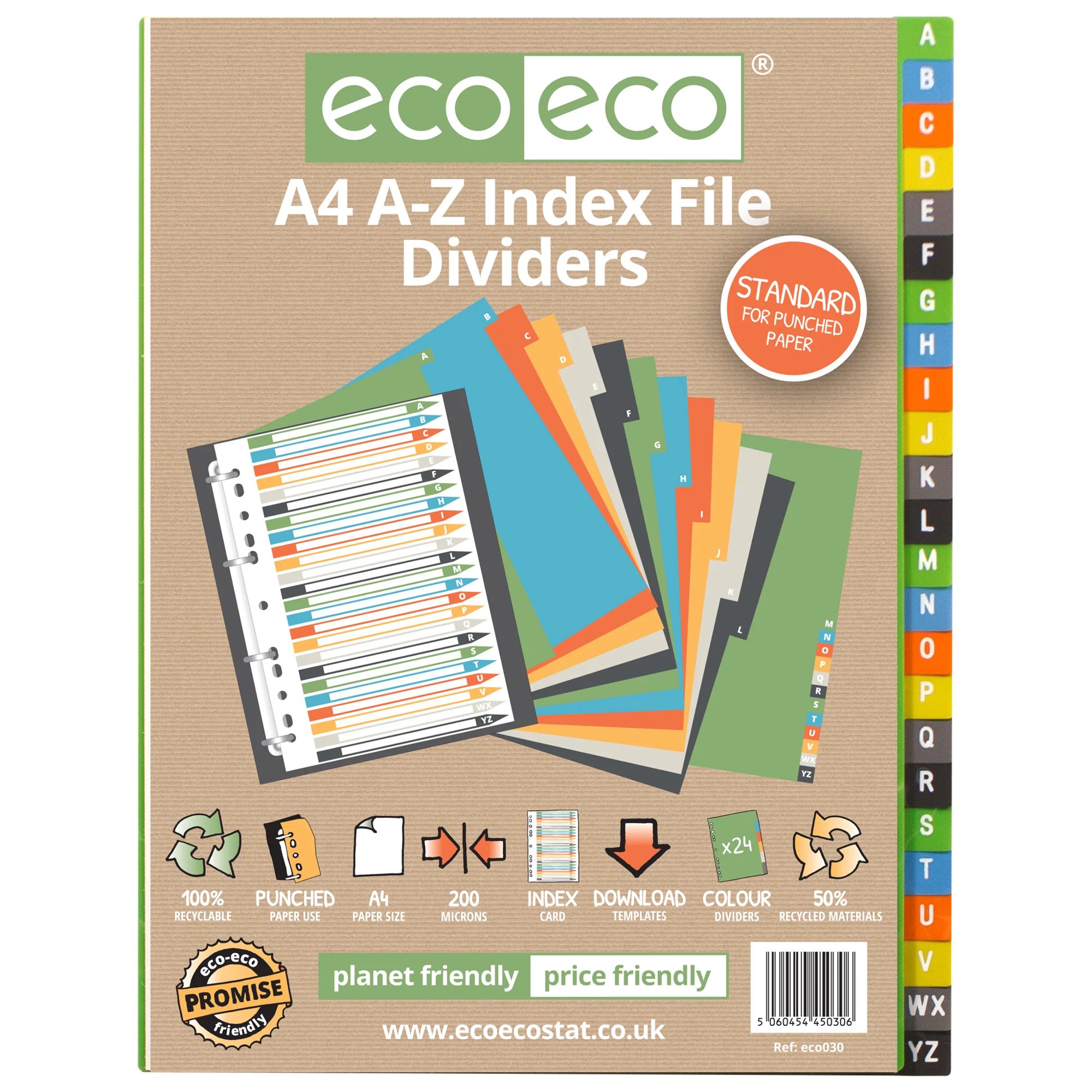 A4 50% Recycled Wide Index File Dividers - 1 Set of 12