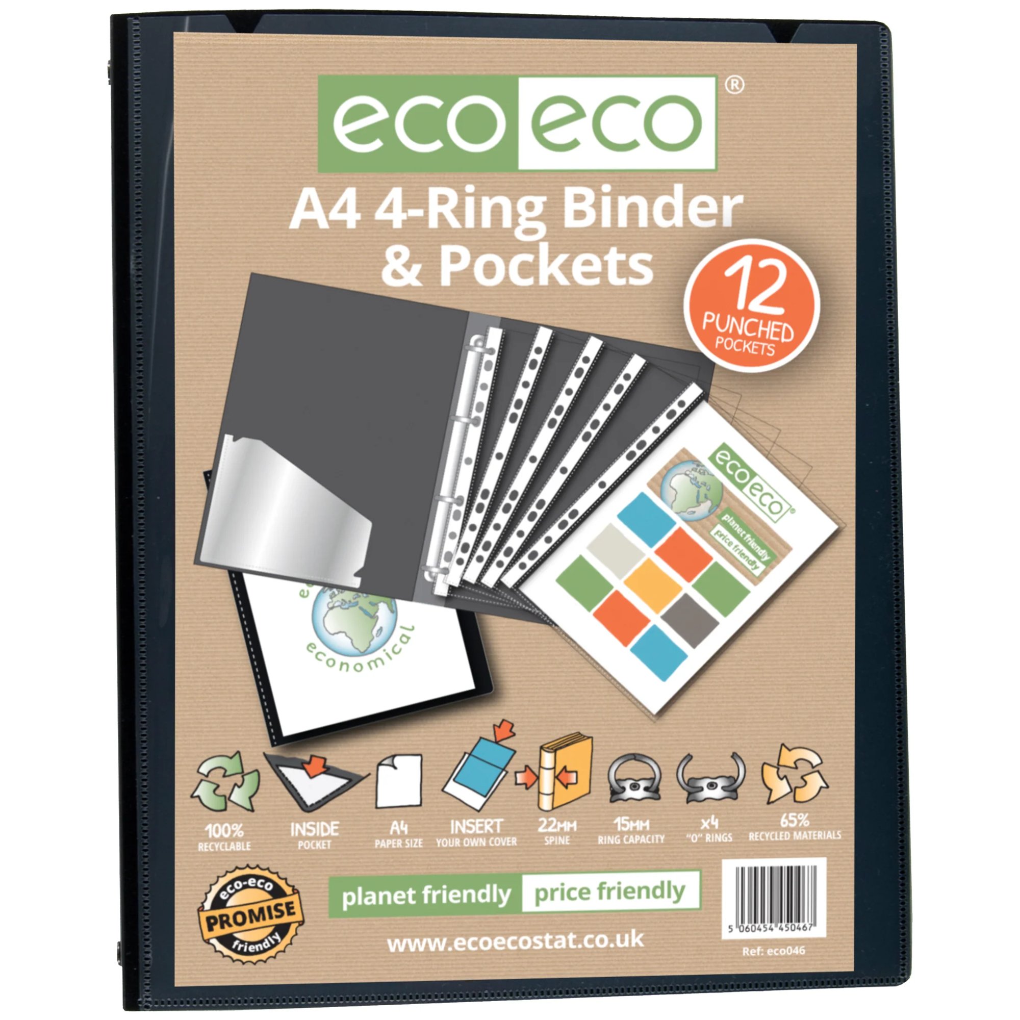 A5 65% Recycled Ring Binder with 12 Multi Punched Pockets - Single