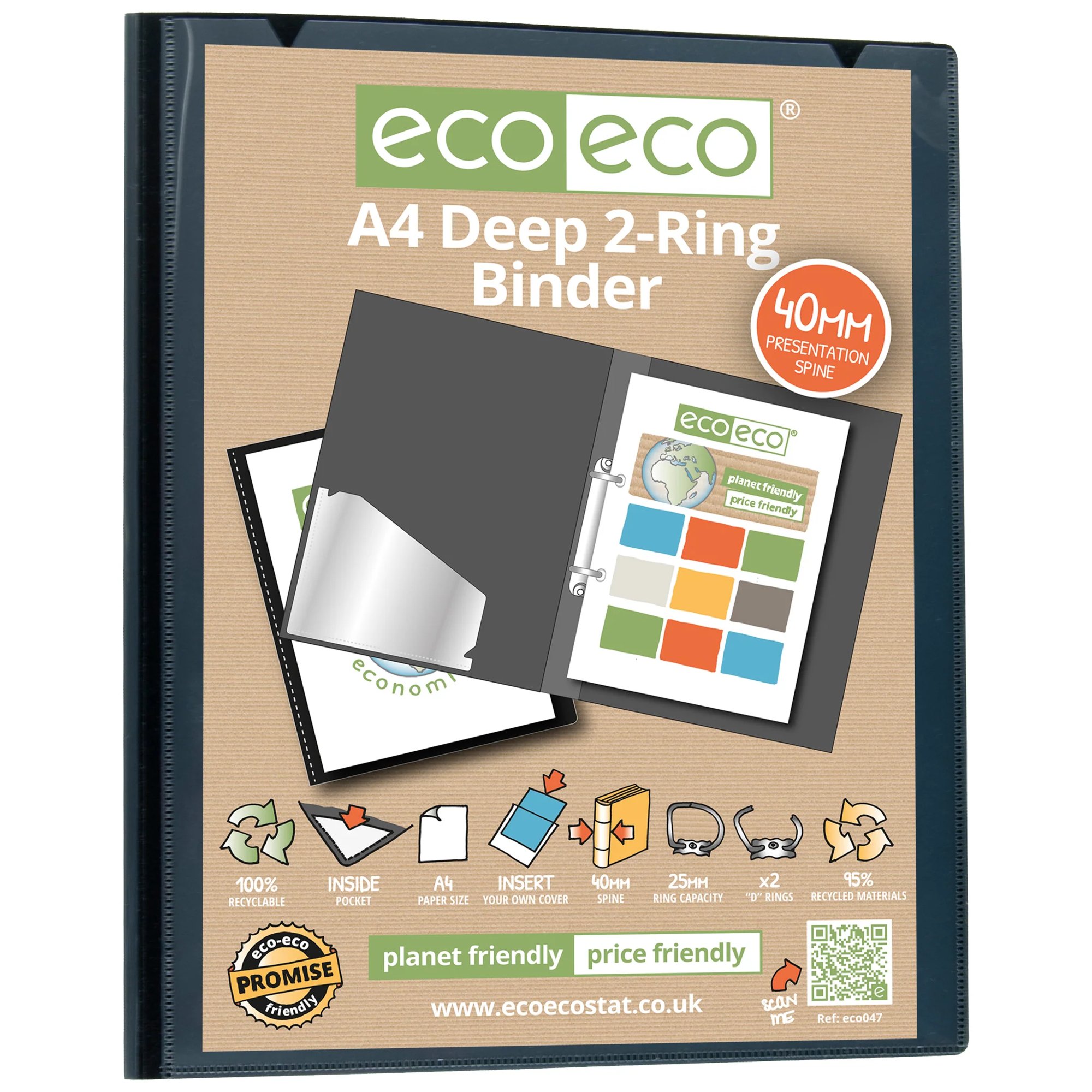 A4 65% Recycled Ring Binder with 12 Multi Punched Pockets - Single