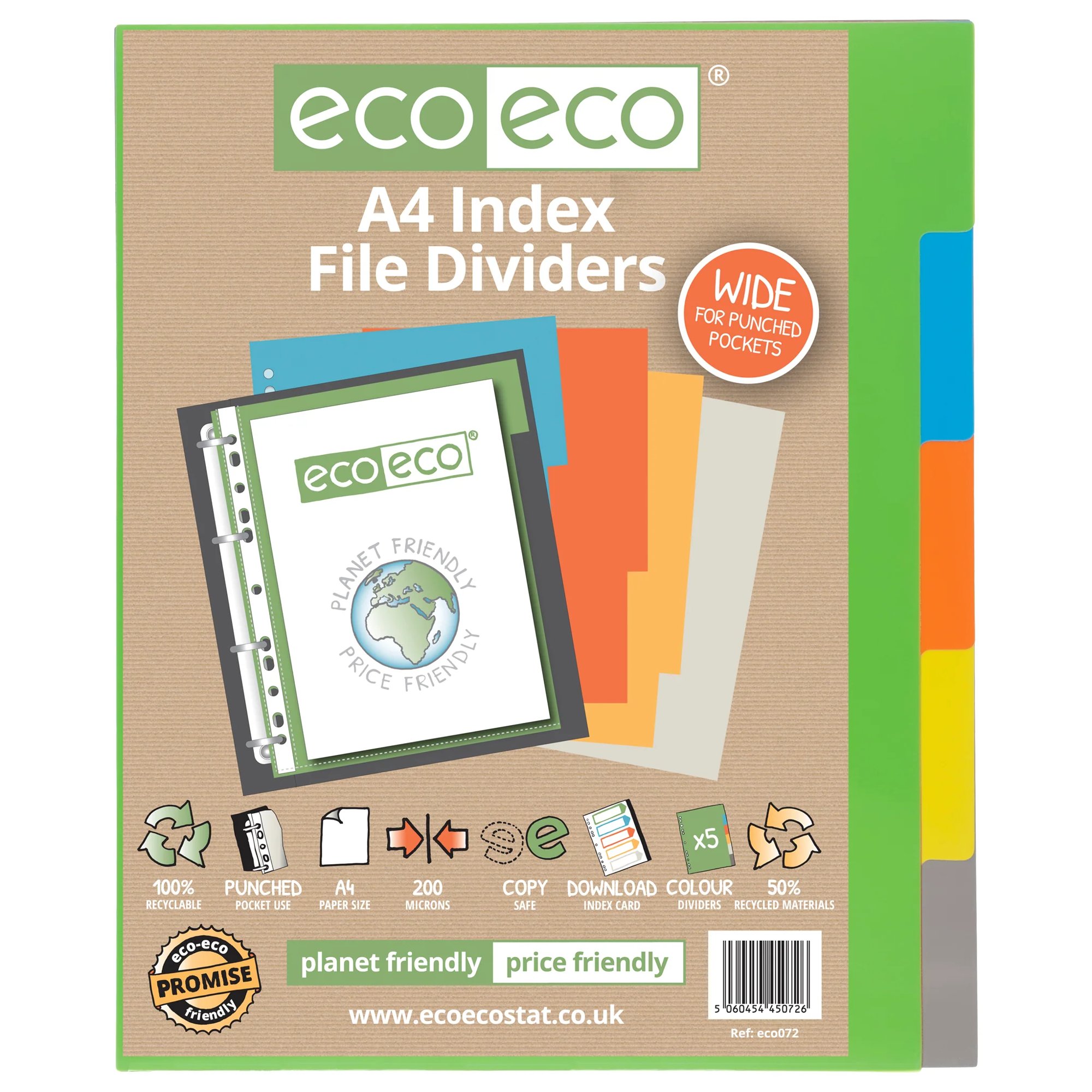 A4 50% Recycled Index File Dividers - 1 Set of 5