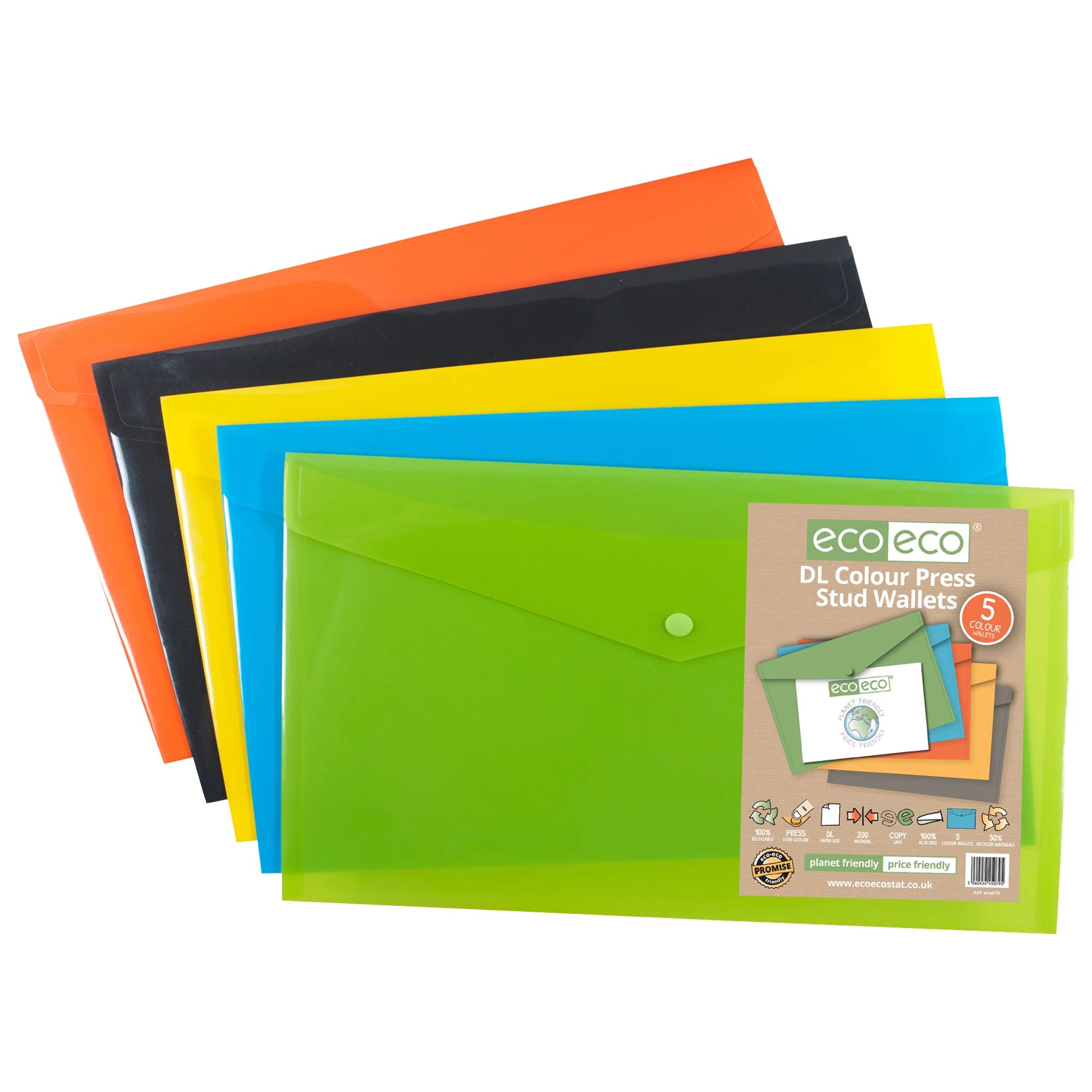A6 50% Recycled Colour Press Stud Wallets - Pack of 5