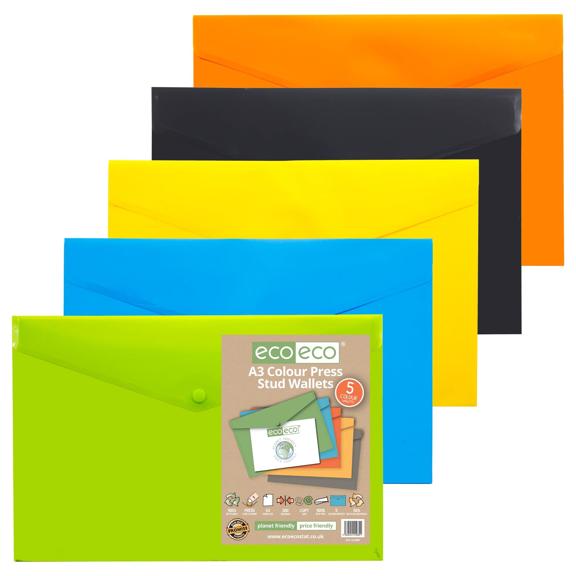 DL 50% Recycled Colour Press Stud Wallets - Pack of 5