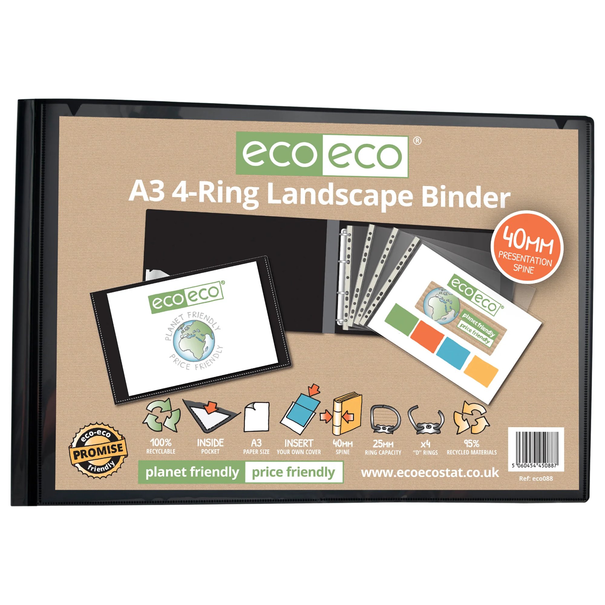 A3 95% Recycled Presentation 4 Ring Portrait Binder - Single