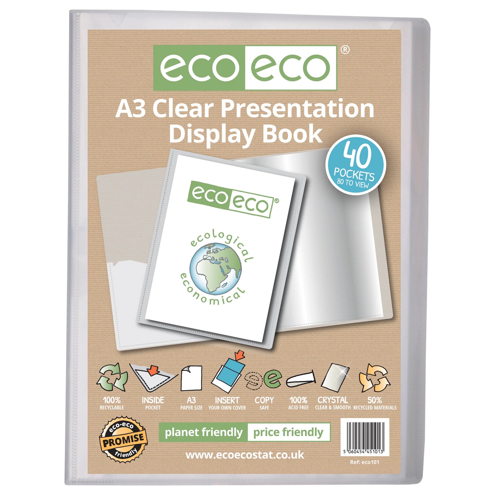 A3 50% Recycled Clear 20 Pocket Presentation Display Book - Single