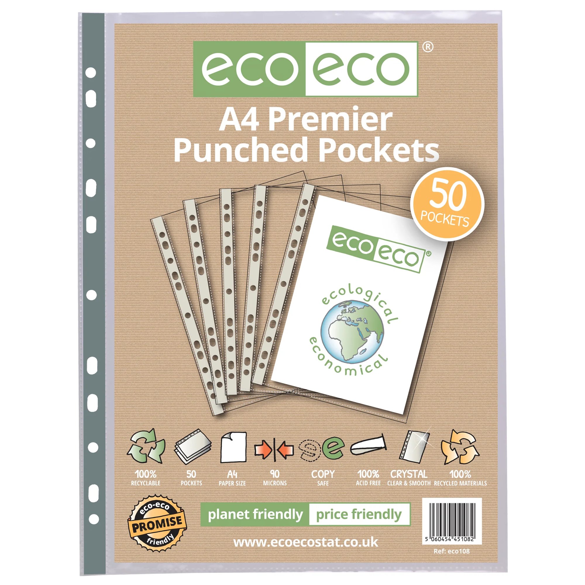 A4 100% Recycled Bag 50 Colour Spine Multi Punched Pockets - Pack of 50