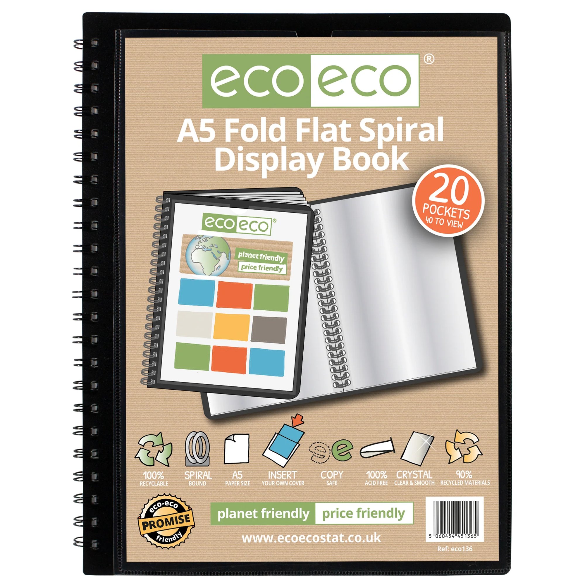 A4 50% recycled 60 pocket Fold Flat Spiral display book - Single