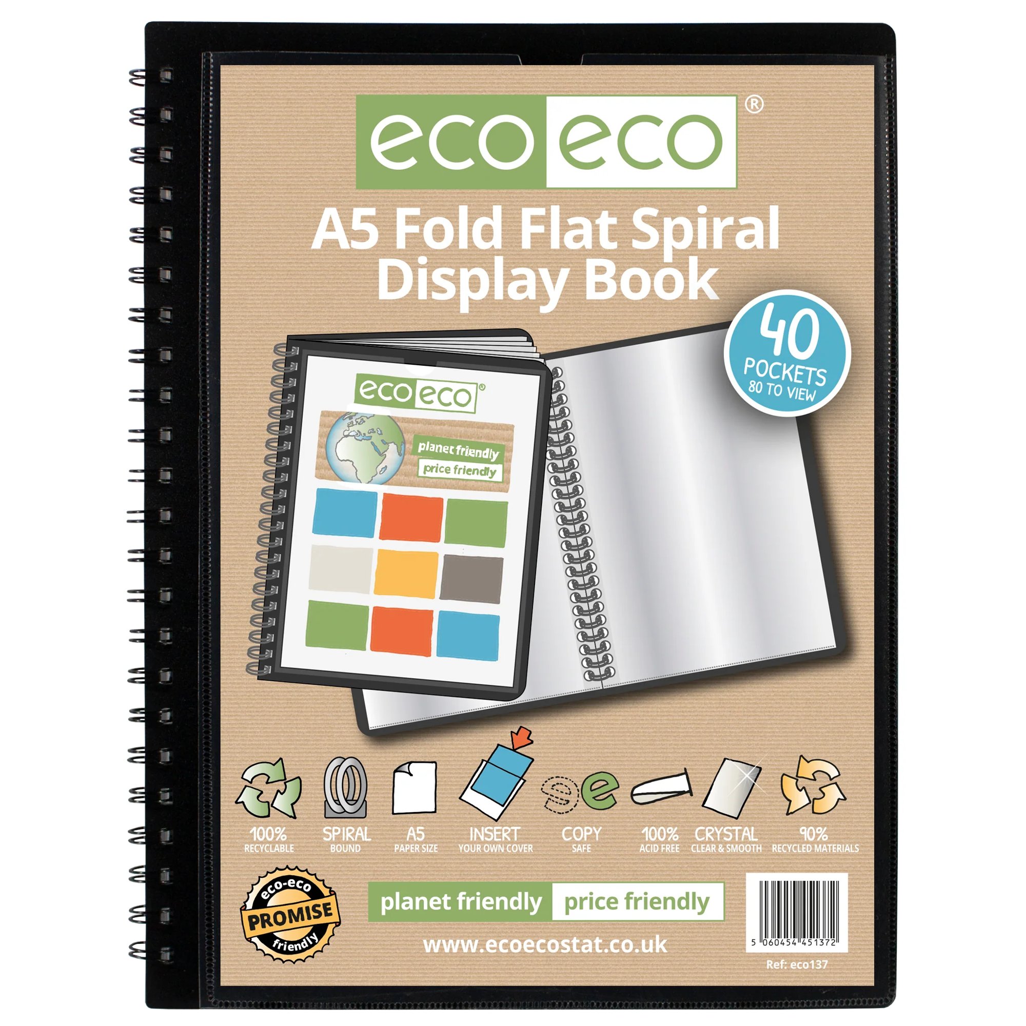A5 50% recycled 20 pocket Fold Flat Spiral display book - Single