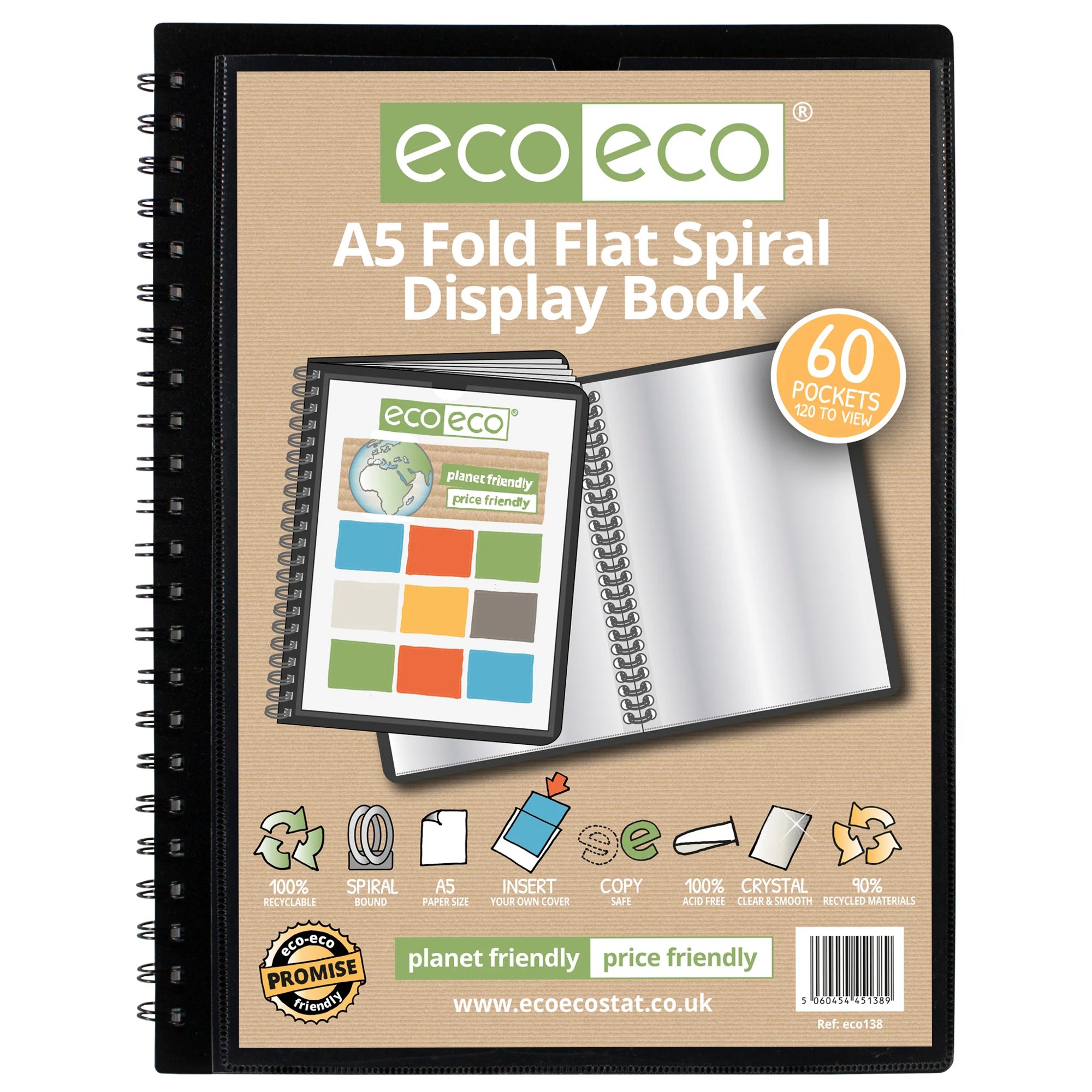 A5 50% recycled 40 pocket Fold Flat Spiral display book - Single