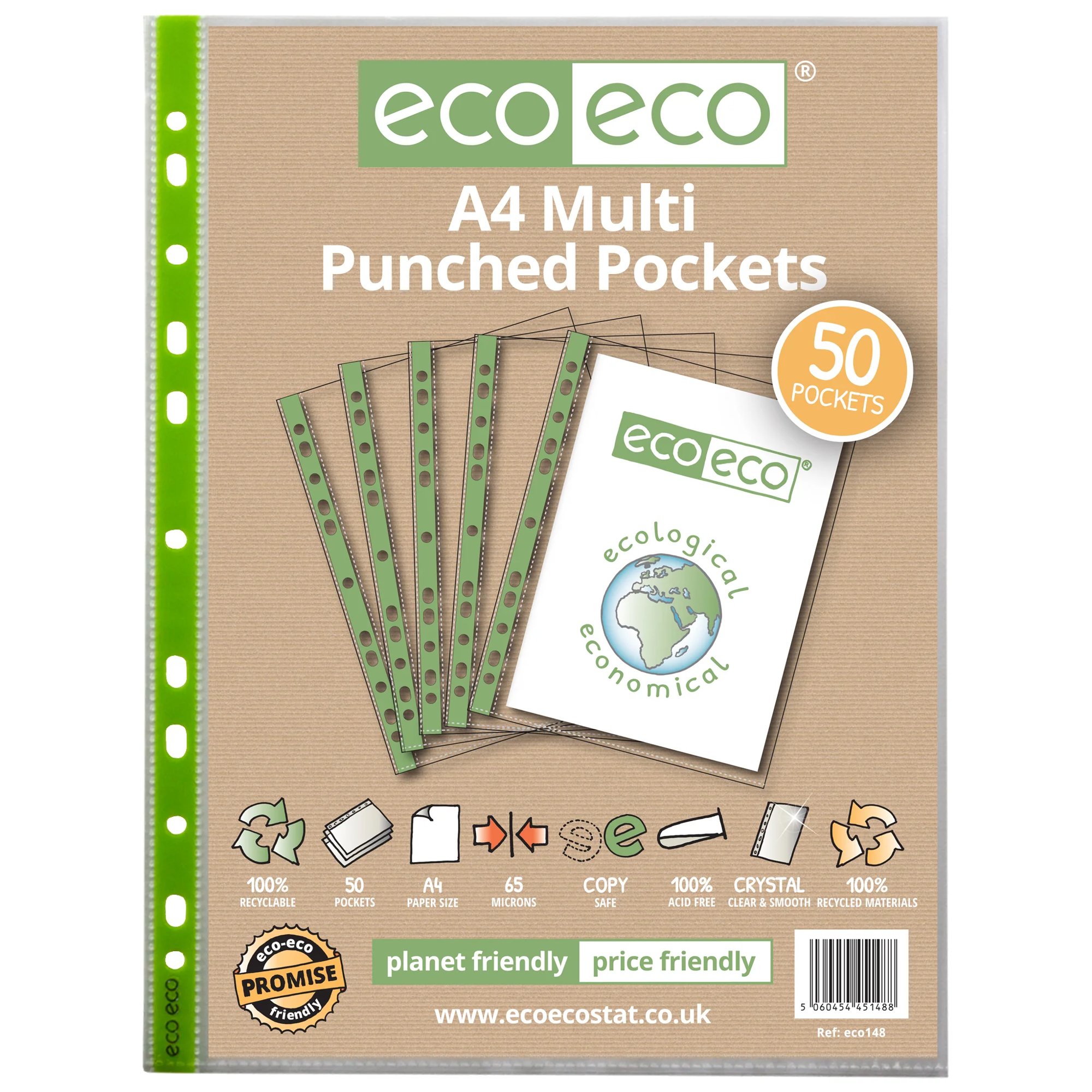 A4 100% Recycled Bag 25 65 Micron Multi Punched Pockets - Pack of 25