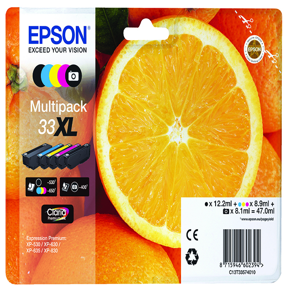 Epson 33XL Oranges Black Photo Black Cyan Magenta Yellow High Yield Ink Cartridge Multipack 2 x 12.2ml + 8.1ml + 2 x 8.9ml (Pack 5) - C13T33574011 - GRADE A STOCK