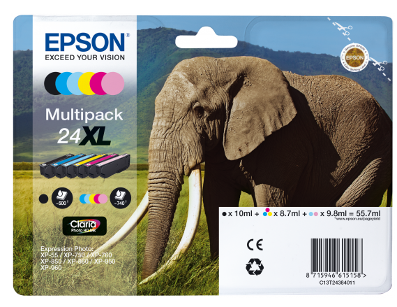 Epson 24XL Elephant Black Cyan Magenta Yellow High Yield Ink Cartridge Multipack 10ml + 5 x 8.7ml - C13T24384011 - GRADE A STOCK