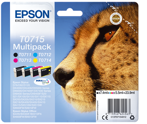 Epson T0715 Cheetah Black Cyan Magenta Yellow Standard Capacity Ink Cartridge Multipack 7.4ml + 3 x 5.5ml (Pack 4) - C13T07154012 - GRADE A STOCK