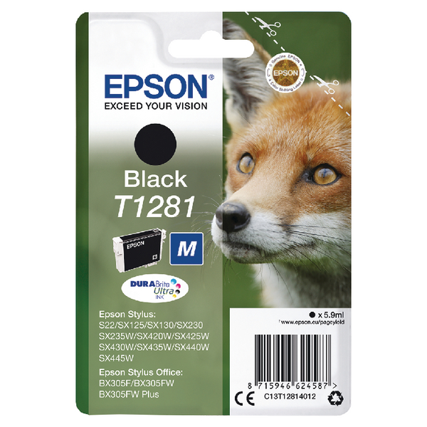 Epson T1281 Fox Black Standard Capacity Ink Cartridge 6ml - C13T12814012 - GRADE A STOCK