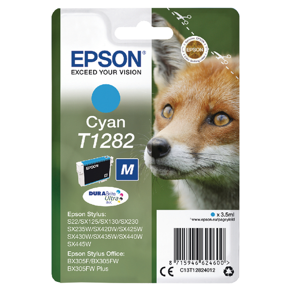 Epson T1282 Fox Cyan Standard Capacity Ink Cartridge 3.5ml - C13T12824012 - GRADE A STOCK