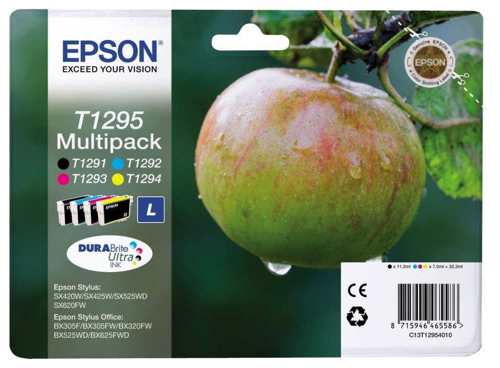 Epson T1295 Apple Black Cyan Magenta Yellow Standard Capacity Ink Cartridge Multipack 11ml + 3 x 7ml (Pack 4) - C13T12954012 - GRADE A STOCK