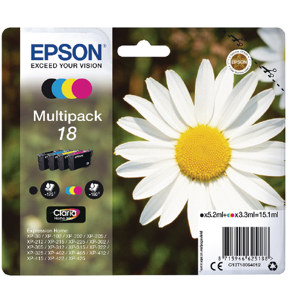 Epson 18 Daisy Black Cyan Magenta Yellow Standard Capacity Ink Cartridge Multipack 5ml + 3 x 3ml (Pack 4) - C13T18064012 - GRADE A STOCK