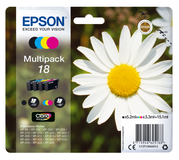 Epson 18XL Daisy Black Cyan Magenta Yellow High Yield Ink Cartridge Multipack 11.5ml + 3 x 7ml (Pack 4) - C13T18164012 - GRADE A STOCK
