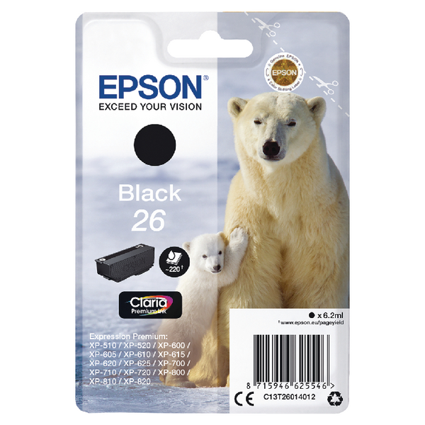 Epson 26 Polar Bear Black Standard Capacity Ink Cartridge 6ml - C13T26014012 - GRADE A STOCK