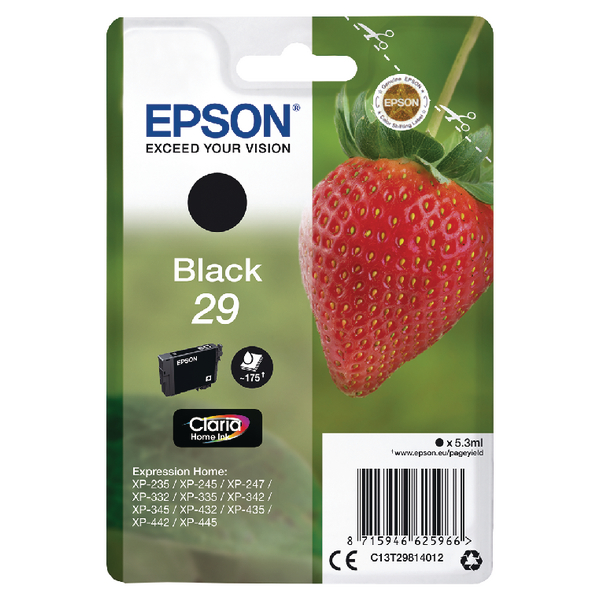 Epson 29 Strawberry Black Standard Capacity Ink Cartridge 5ml - C13T29814012 - GRADE A STOCK