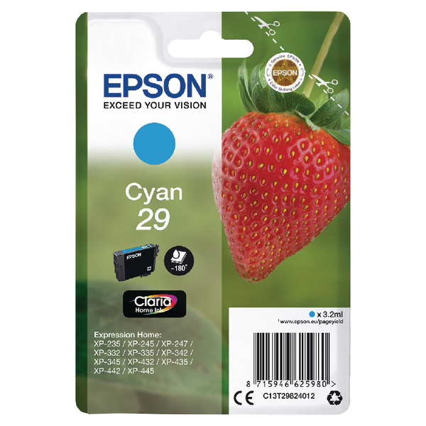 Epson 29 Strawberry Cyan Standard Capacity Ink Cartridge 3ml - C13T29824012 - GRADE A STOCK