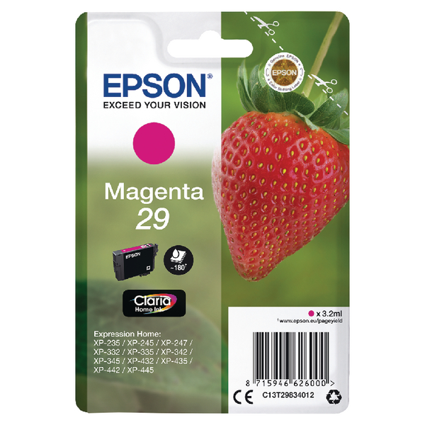 Epson 29 Strawberry Magenta Standard Capacity Ink Cartridge 3ml - C13T29834012 - GRADE A STOCK