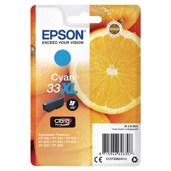 Epson 33XL Oranges Cyan High Yield Ink Cartridge 9ml - C13T33624012 - GRADE A STOCK