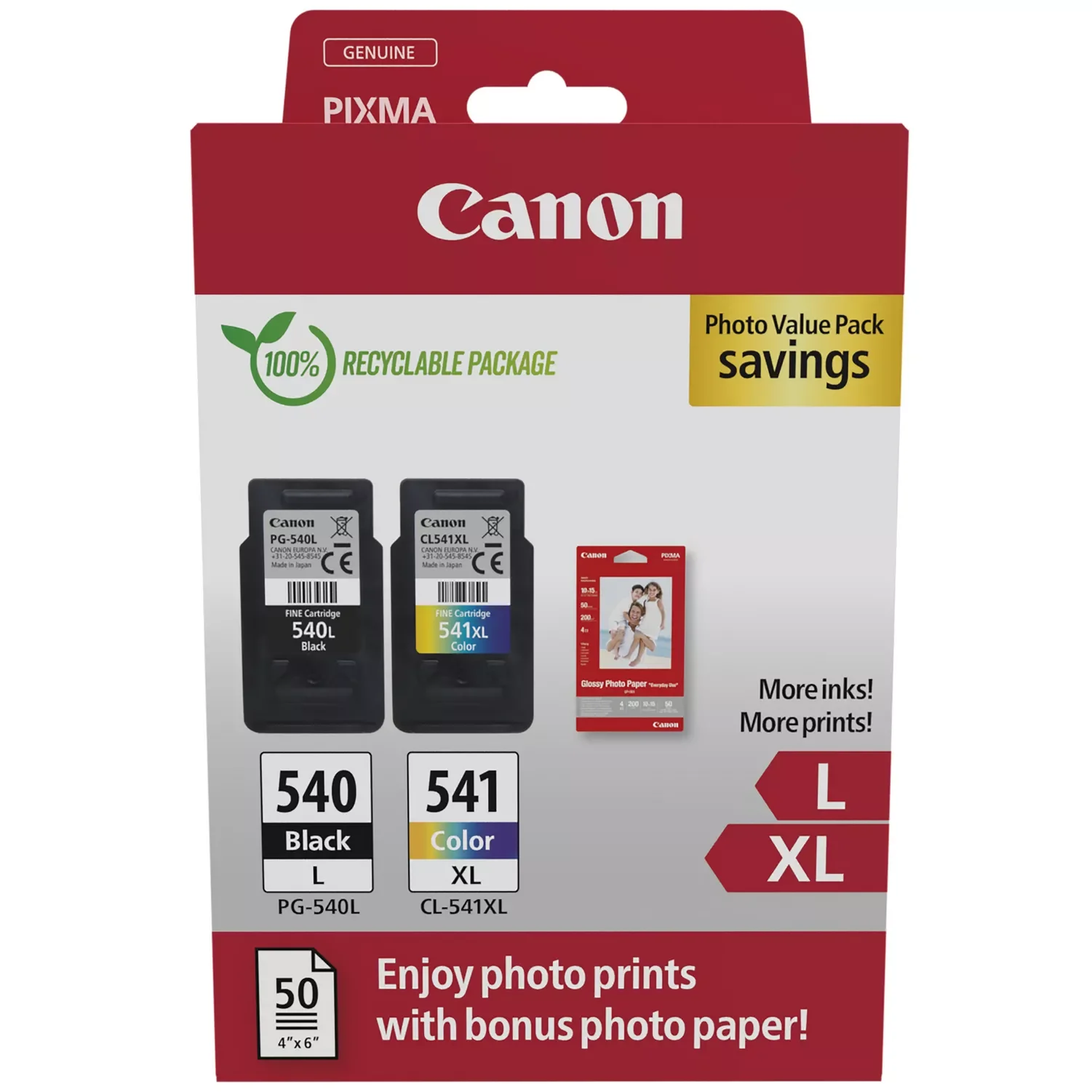 OEM Canon PG-540L/CL-541XL Original Multipack Ink Cartridges & Photo Paper (5224B012)