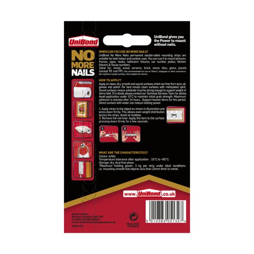 Unibond No More Nails Ultra Strong Double Sided Mounting Tape Permanent 20mm x 40mm (Pack 10 Strips) - 2675503