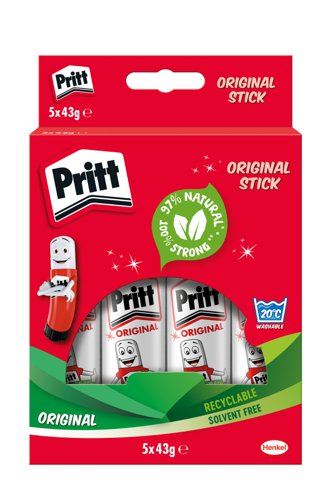 Pritt Original Glue Stick Sustainable Long Lasting Strong Adhesive Solvent Free Value Pack 43g (Pack 5) - 1456072