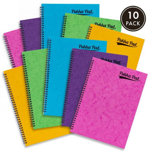 Pukka Pads Pressboard Brights Pad A4 Wirebound Sidebound 120 Pages Feint Ruled Paper Assorted Bright Colours (Pack 10) - 7268-PRS