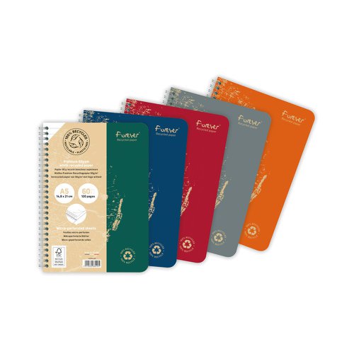 Clairefontaine Forever Recycled A5 Wirebound Notebooks 120 Pages 90gsm Feint Ruled Paper Assorted Colours (Pack 5) - 68416C